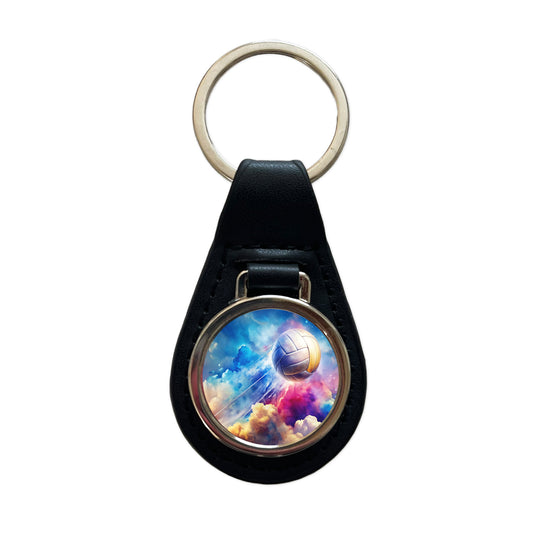 Volleyball Ball Rocketing Through The Sky Watercolor Black Leather Metal Keychain