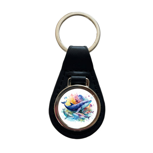 Whales Family Colorful Watercolor Black Leather Metal Keychain