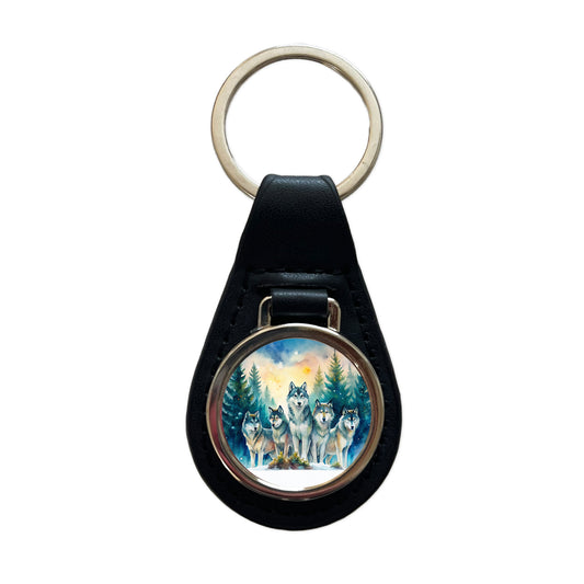 Wolfpack Snowy Forest Wolf Scene Watercolor Black Leather Metal Keychain
