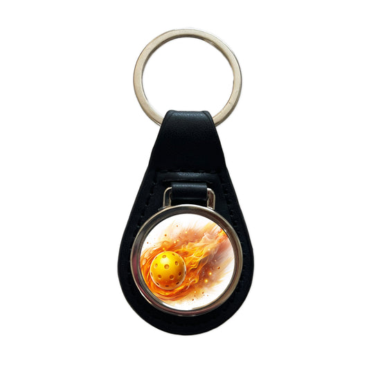 Yellow Pickleball Ball Rocketing Through The Air Black Leather Metal Keychain