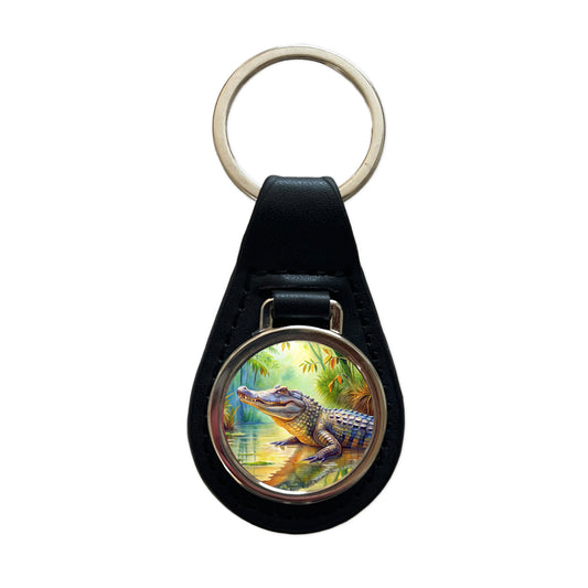 Alligator Crocodile In Swamp Black Leather Metal Keychain