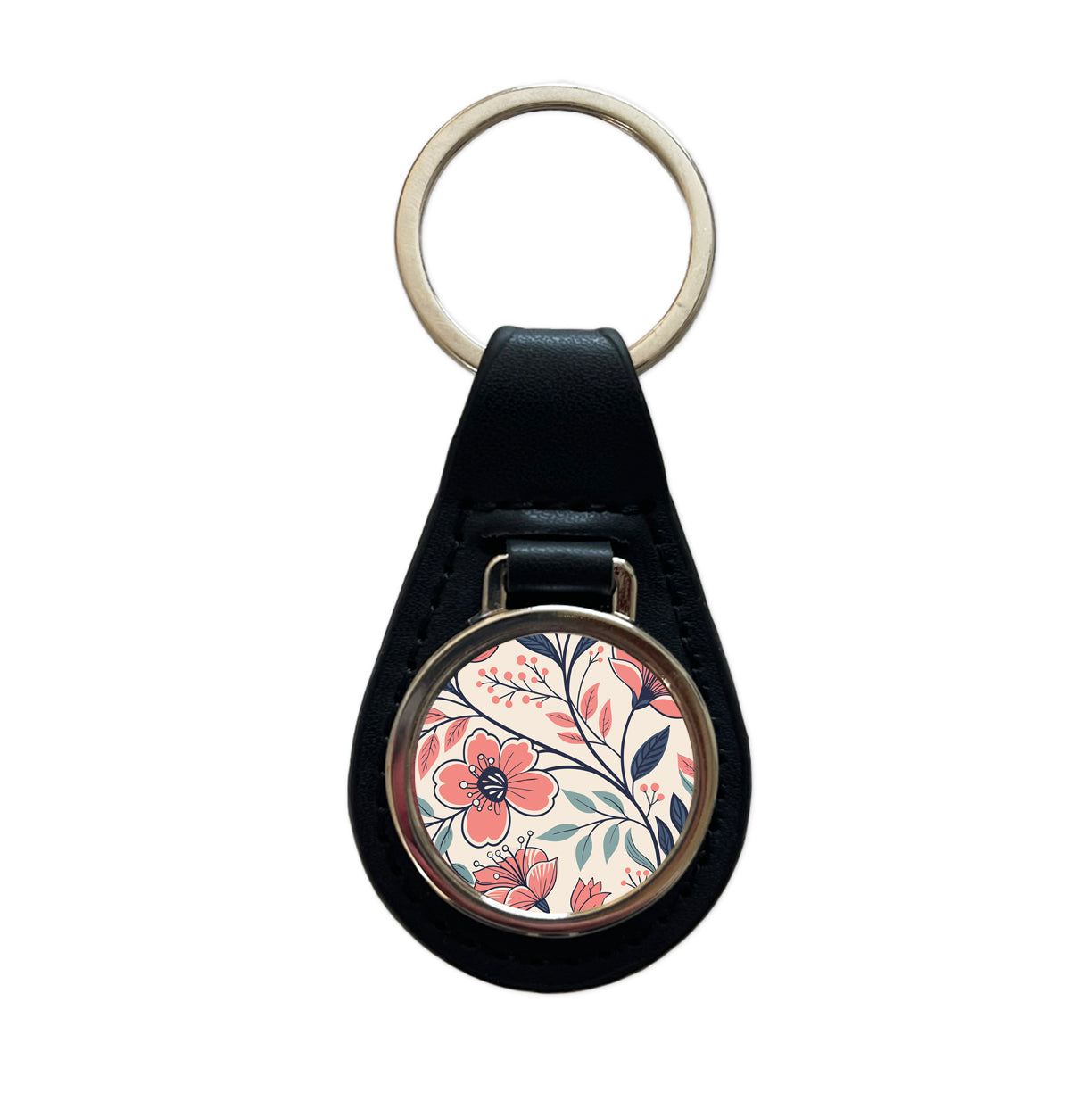 Beautiful Vine Flowers Black Leather Metal Keychain