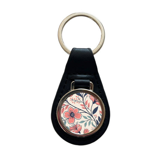 Beautiful Vine Flowers Black Leather Metal Keychain