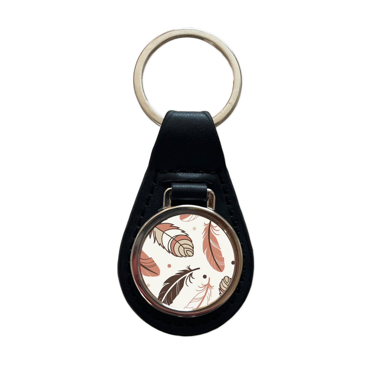 Boho Feathers Black Leather Metal Keychain