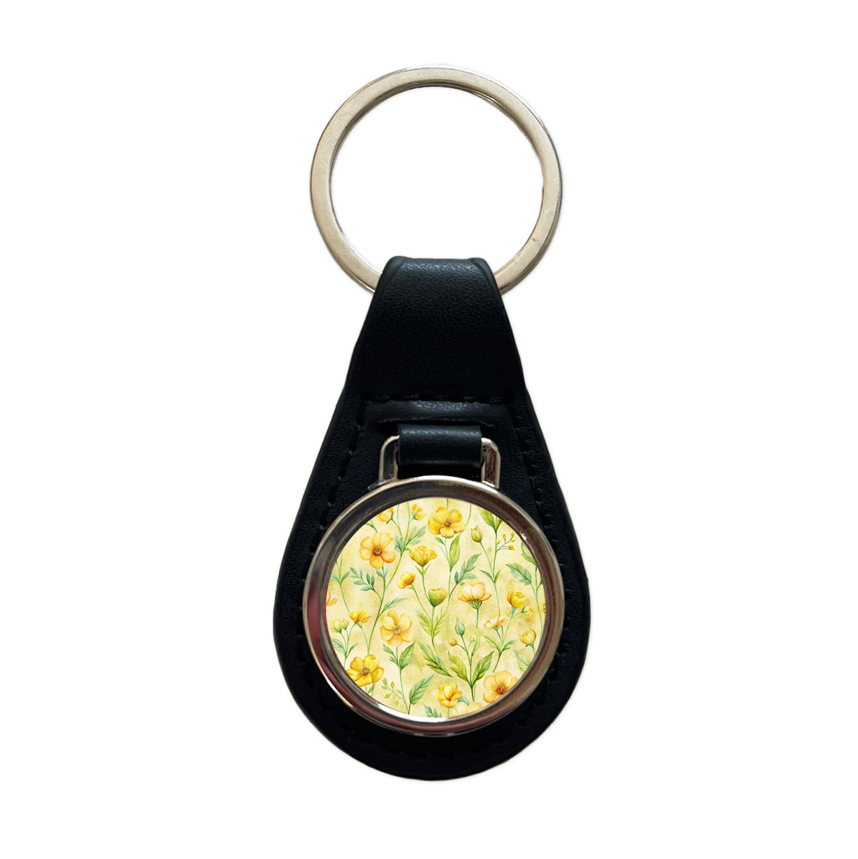 Buttercups Yellow Flowers Floral Black Leather Metal Keychain