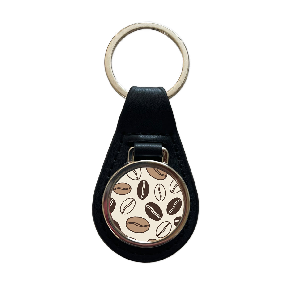 Coffee Beans Sketch Black Leather Metal Keychain