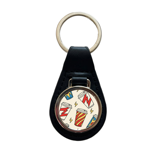 Coffee Cups Dynamic Black Leather Metal Keychain