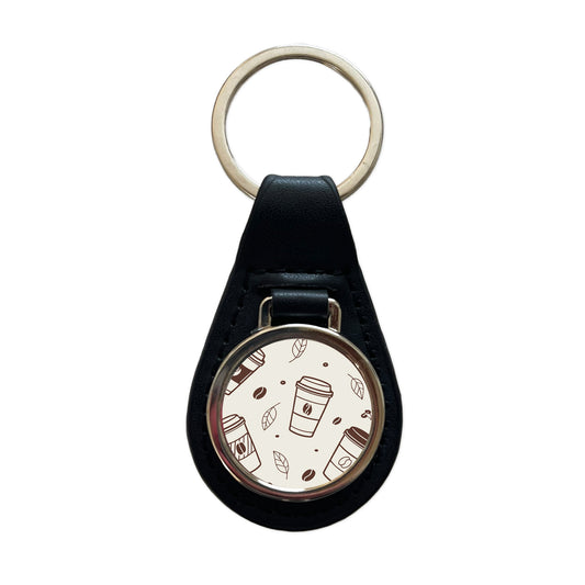Coffee Cups Scattered Black Leather Metal Keychain