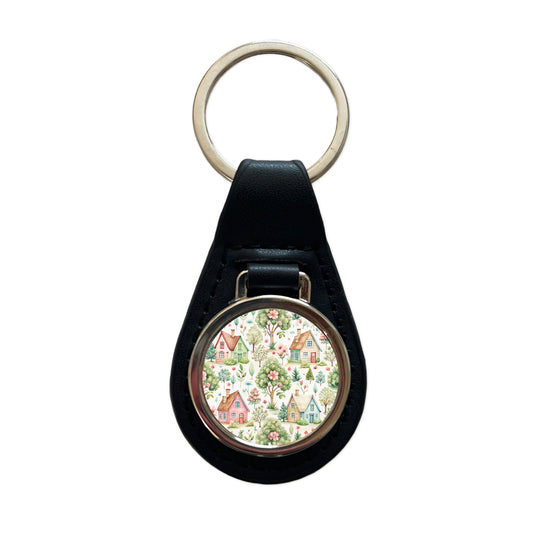 Cottagecore Cute Country Homes Pattern Black Leather Metal Keychain