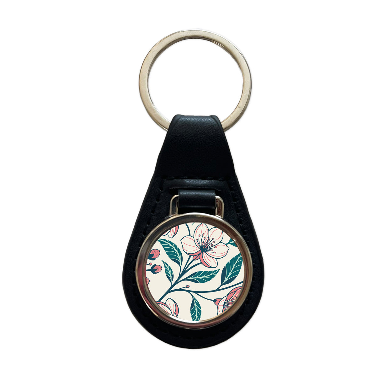 Lovely Flowers Twining Black Leather Metal Keychain