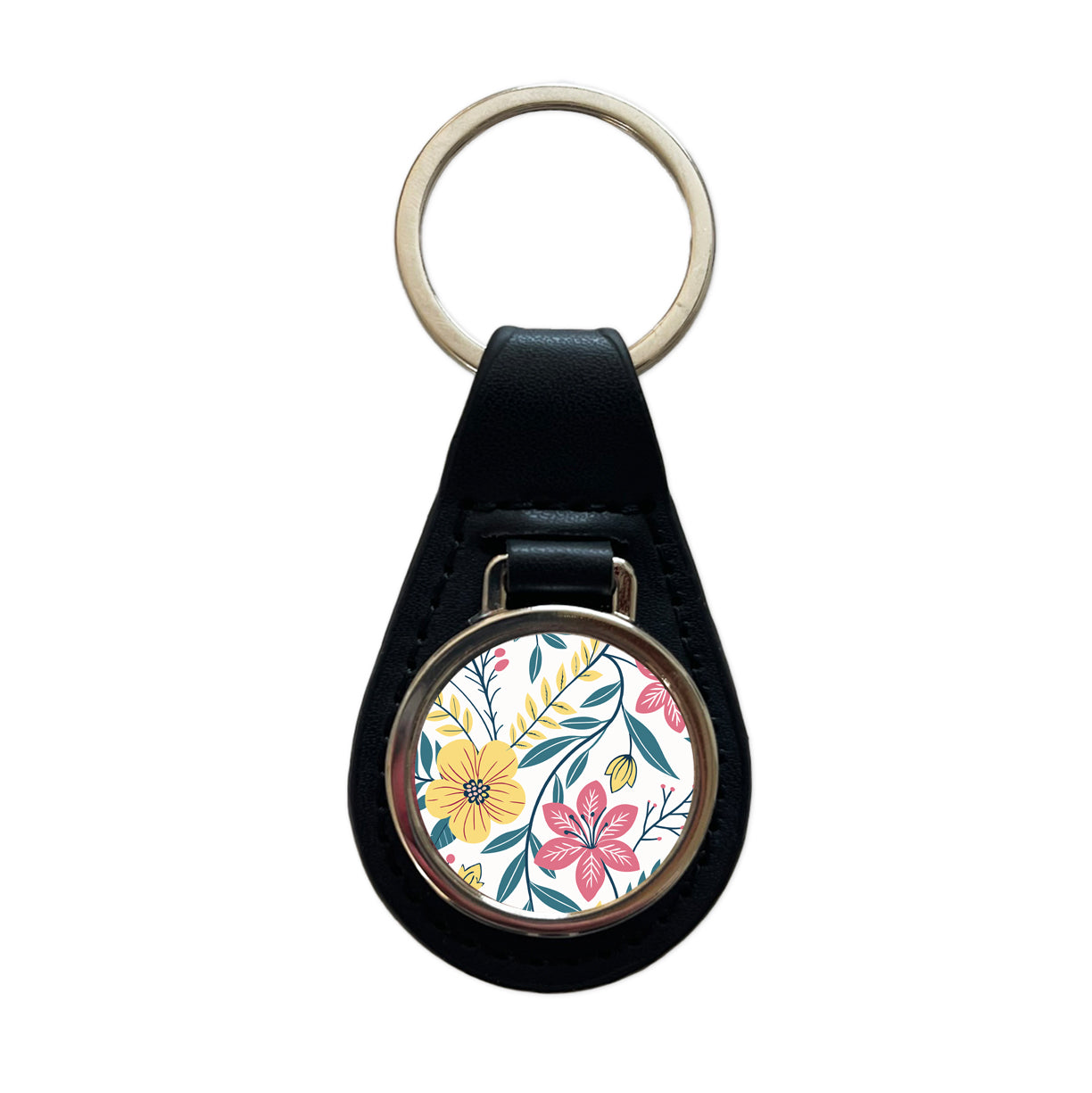Pretty Flowers Floral Motif Colorful Black Leather Metal Keychain