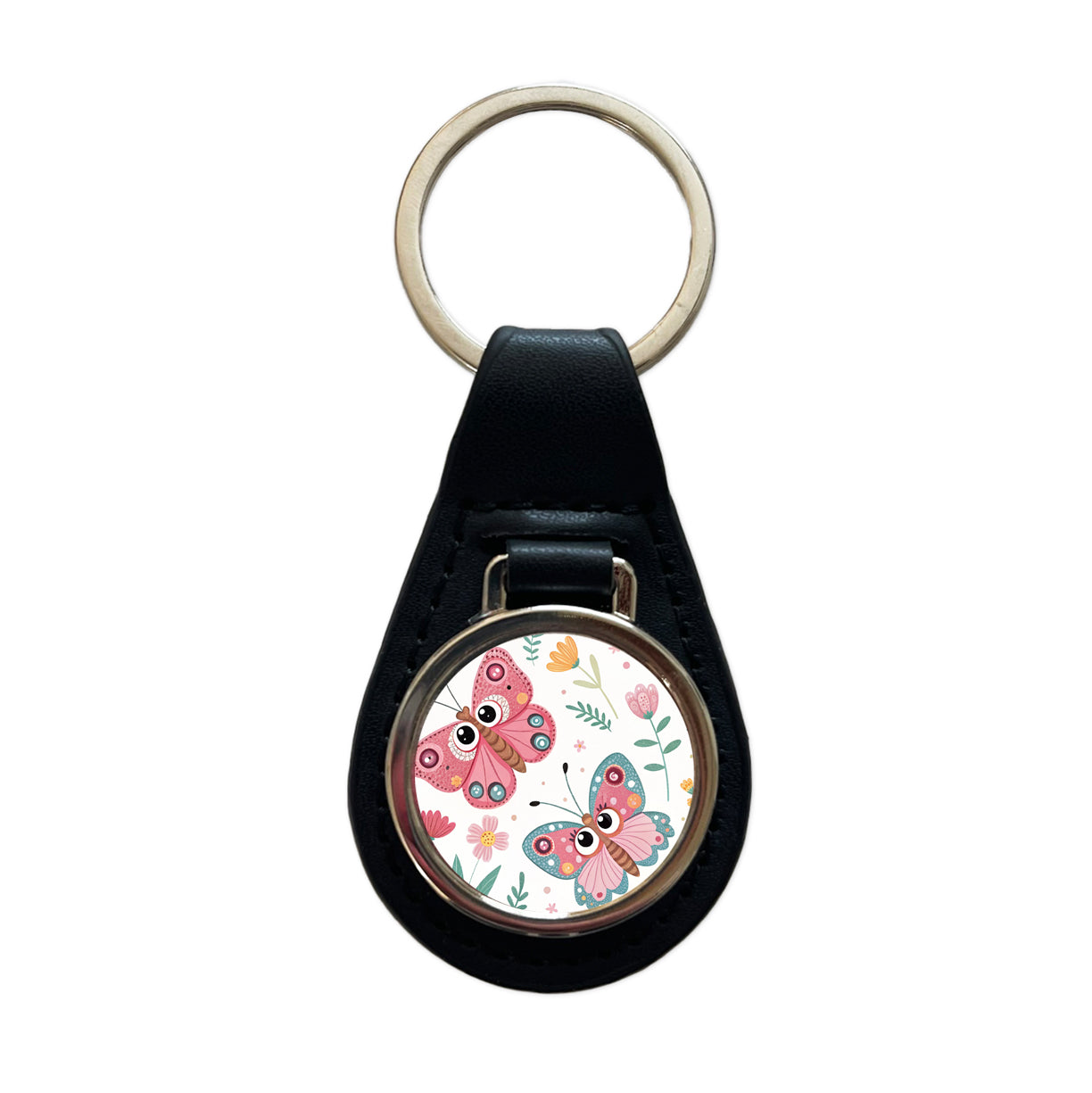 Adorable Butterflies Black Leather Metal Keychain