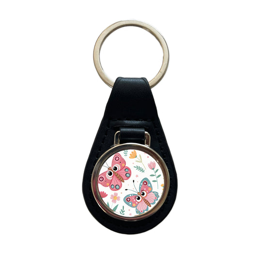 Adorable Butterflies Black Leather Metal Keychain