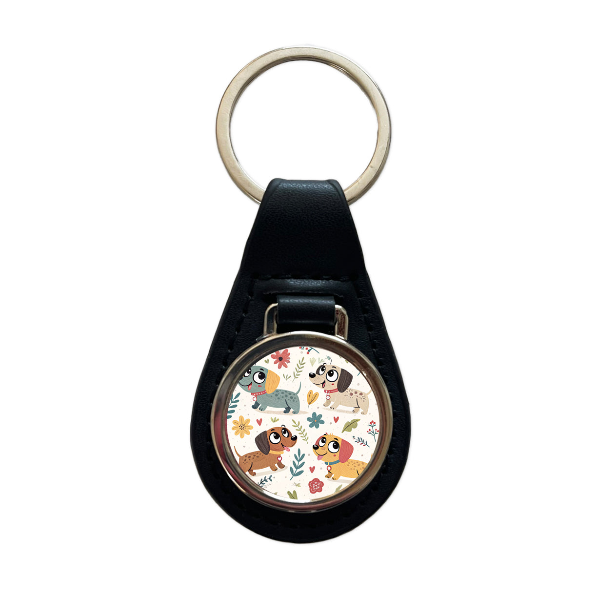 Adorable Dogs Black Leather Metal Keychain