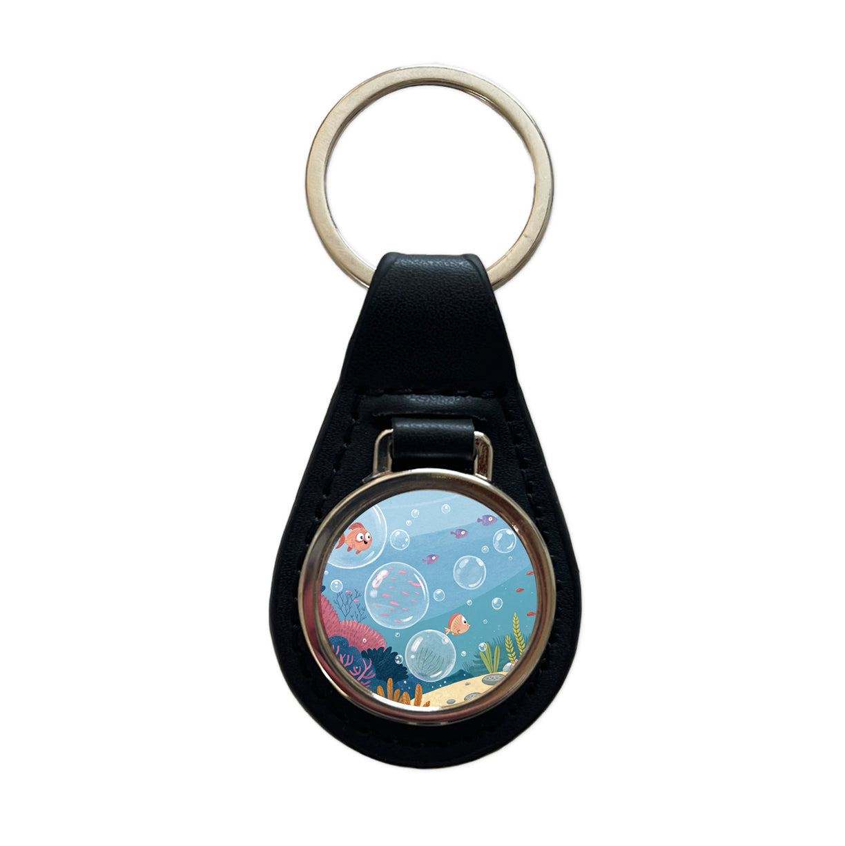Bubbles Under Water Fish Black Leather Metal Keychain