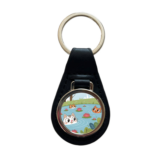 Cats Swimming In Pond Cute Black Leather Metal Keychain