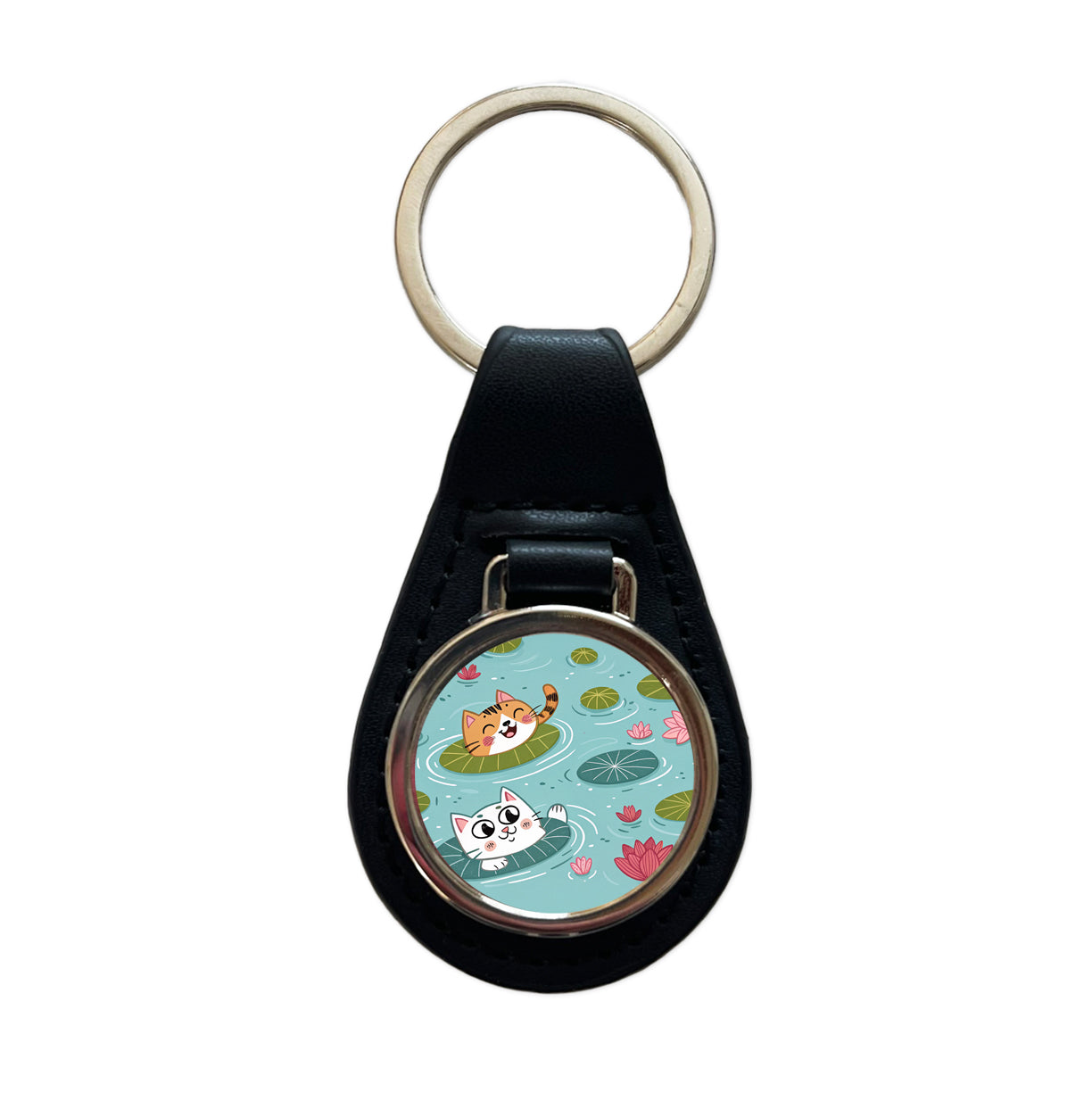 Cats Swimming In Pond Black Leather Metal Keychain