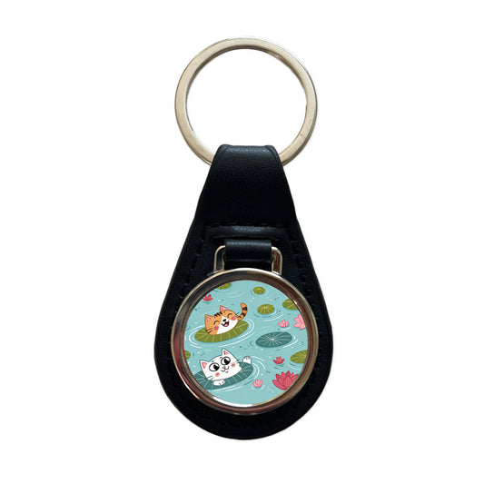 Cats Swimming In Pond Black Leather Metal Keychain