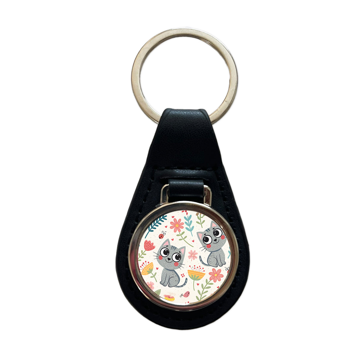 Cute Gray Cats Black Leather Metal Keychain