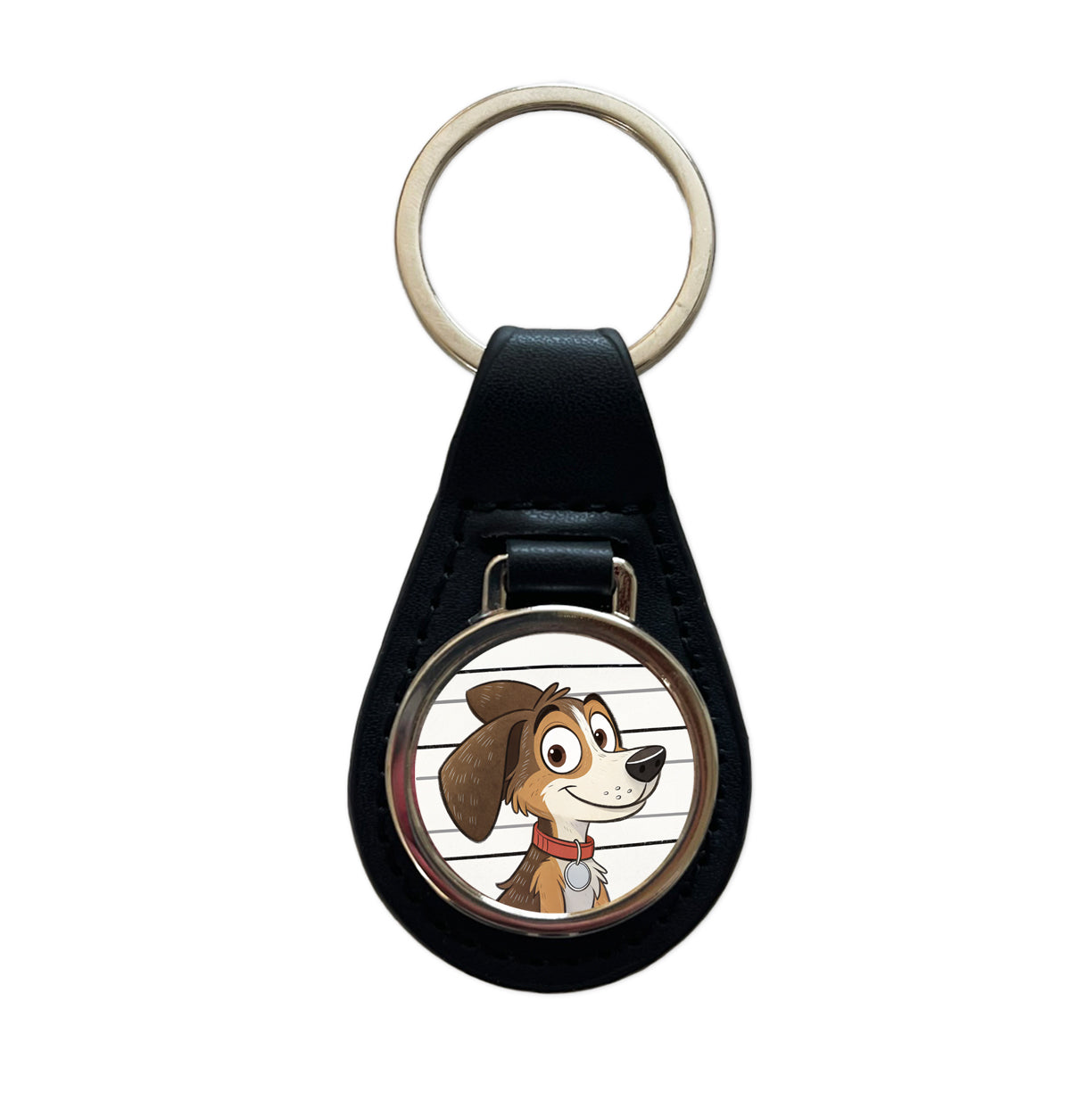 Dog Mug Shot Black Leather Metal Keychain