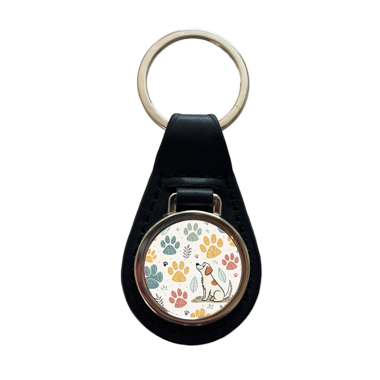 Dog Paw Prints Adorable Black Leather Metal Keychain