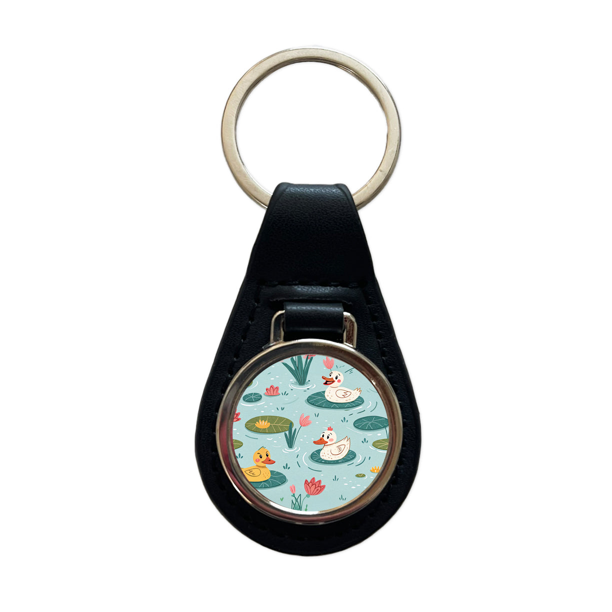 Ducks In Pond Black Leather Metal Keychain