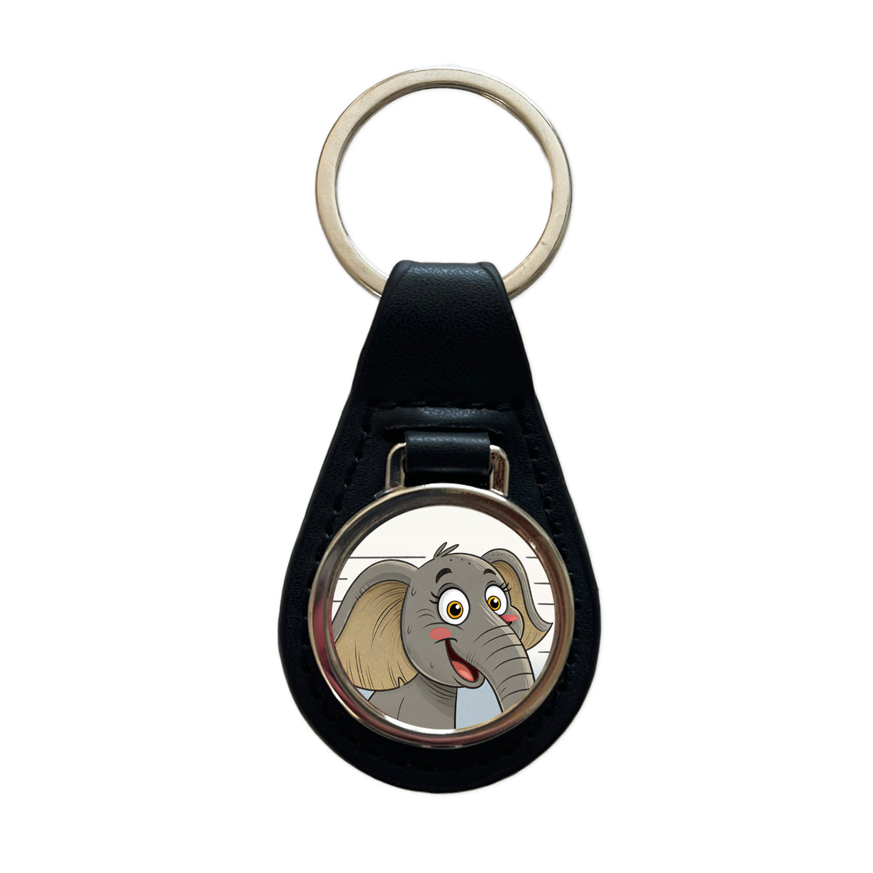 Elephant Mug Shot Black Leather Metal Keychain