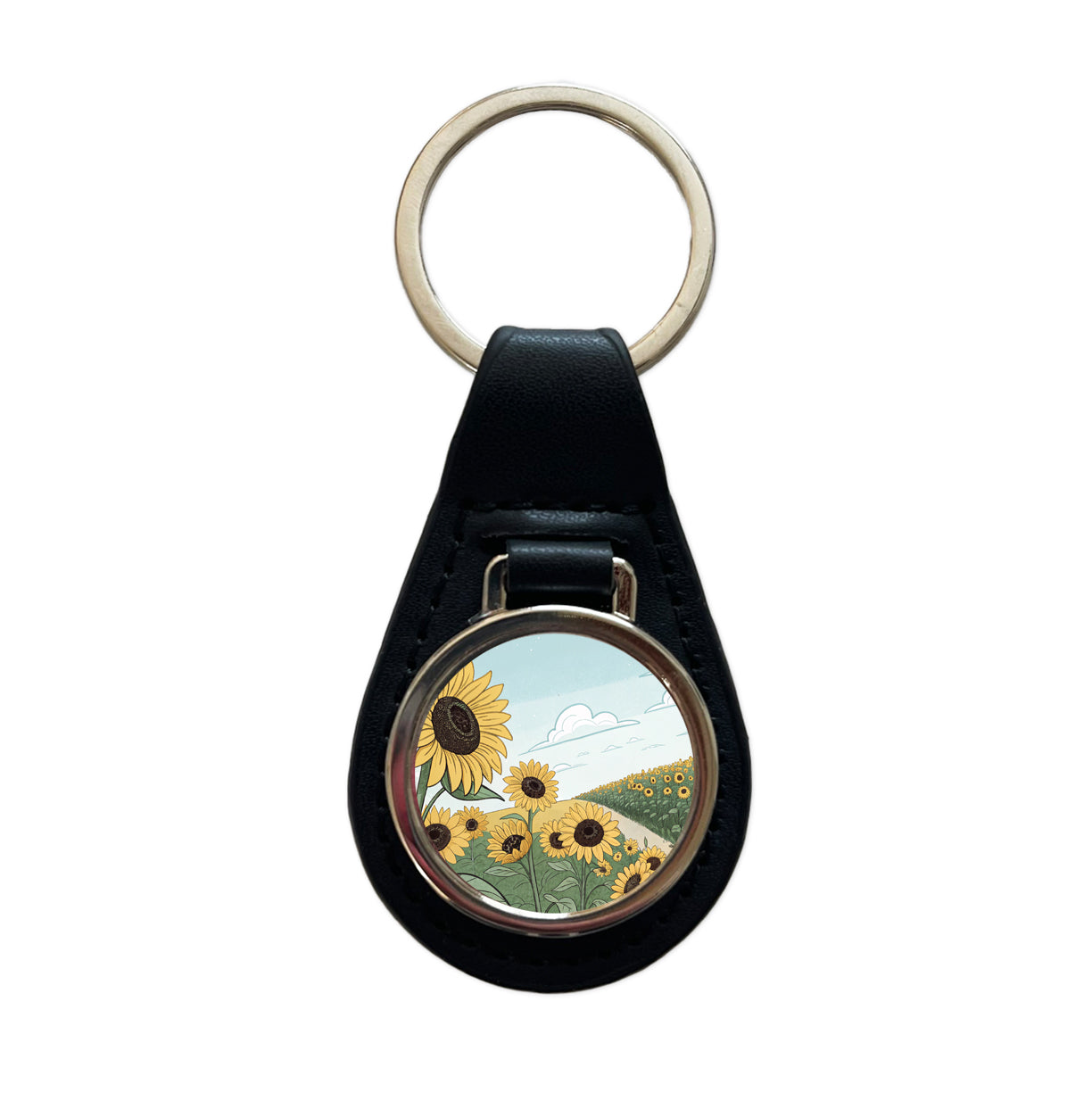 Field Of Sunflowers Flowers Black Leather Metal Keychain