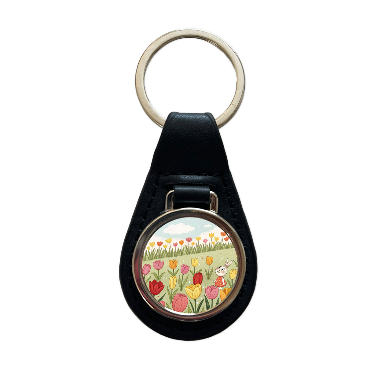 Field Of Tulips And Bunny Flowers Black Leather Metal Keychain
