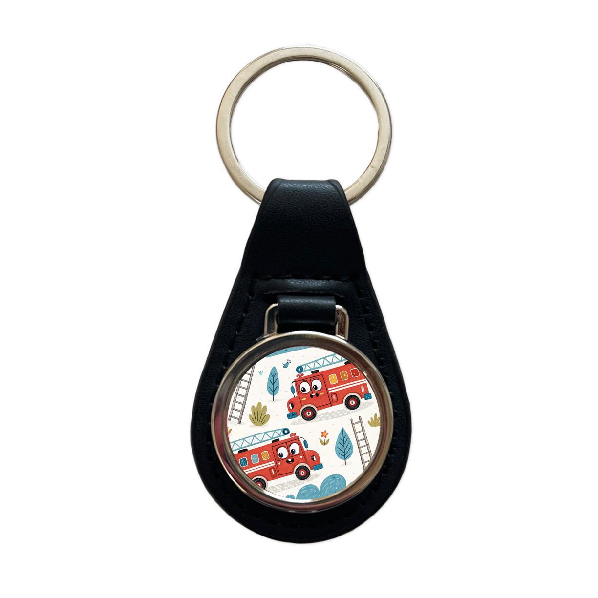Firetrucks Cartoon Style Black Leather Metal Keychain