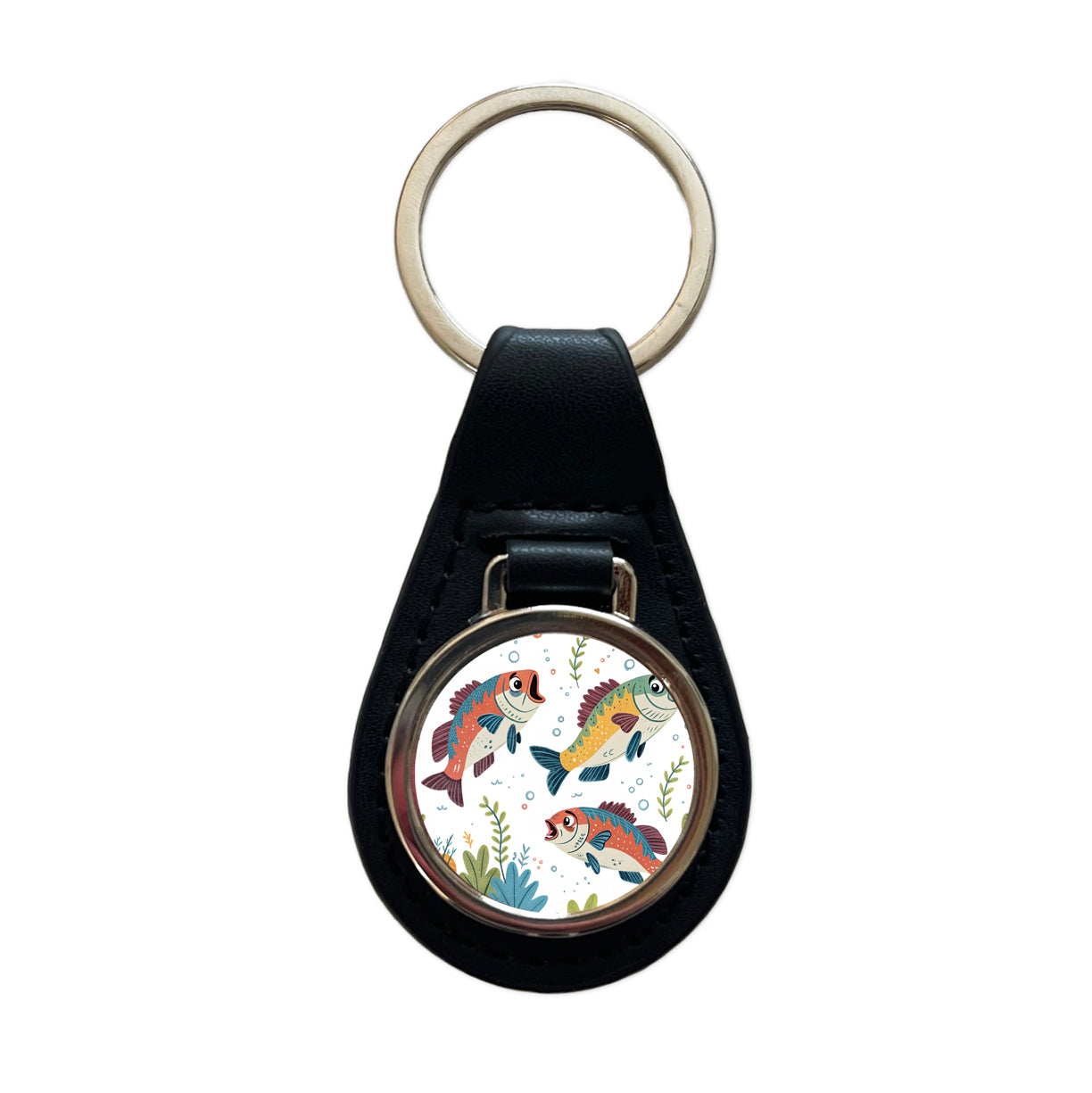 Fish Fishing Cute Cartoon Black Leather Metal Keychain