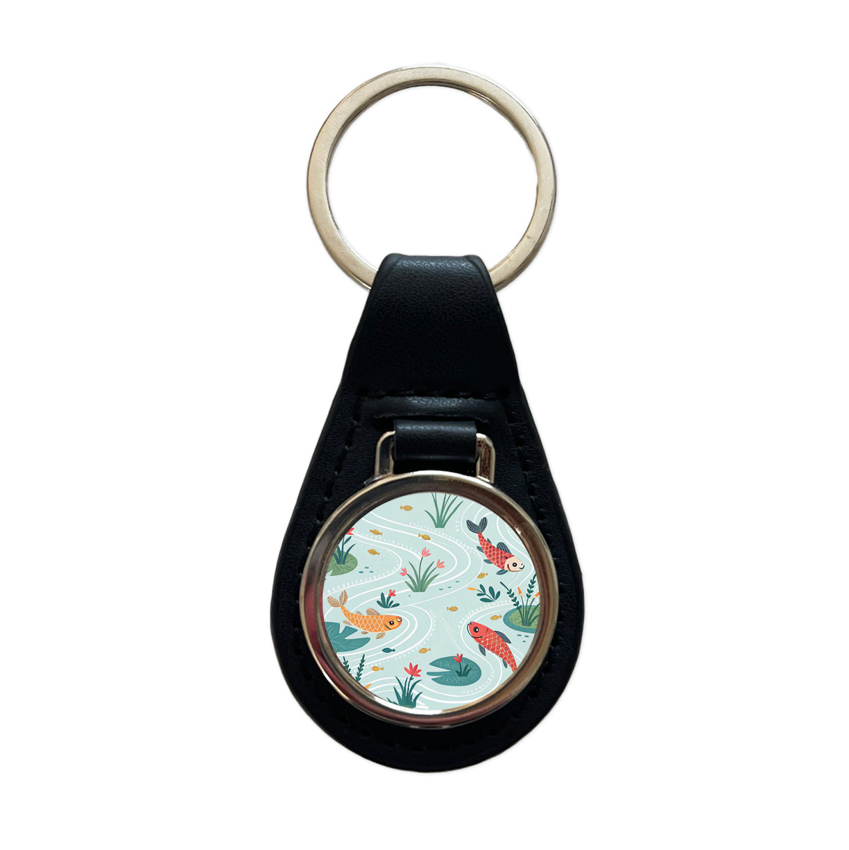 Fish Swimming In Pond Black Leather Metal Keychain