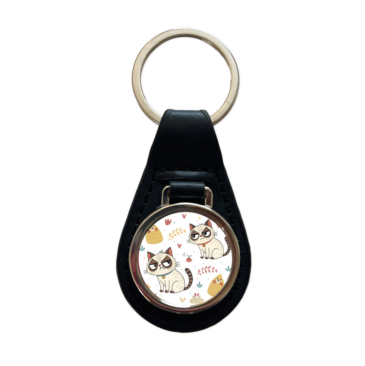 Grumpy Persian Kitties Cats Black Leather Metal Keychain