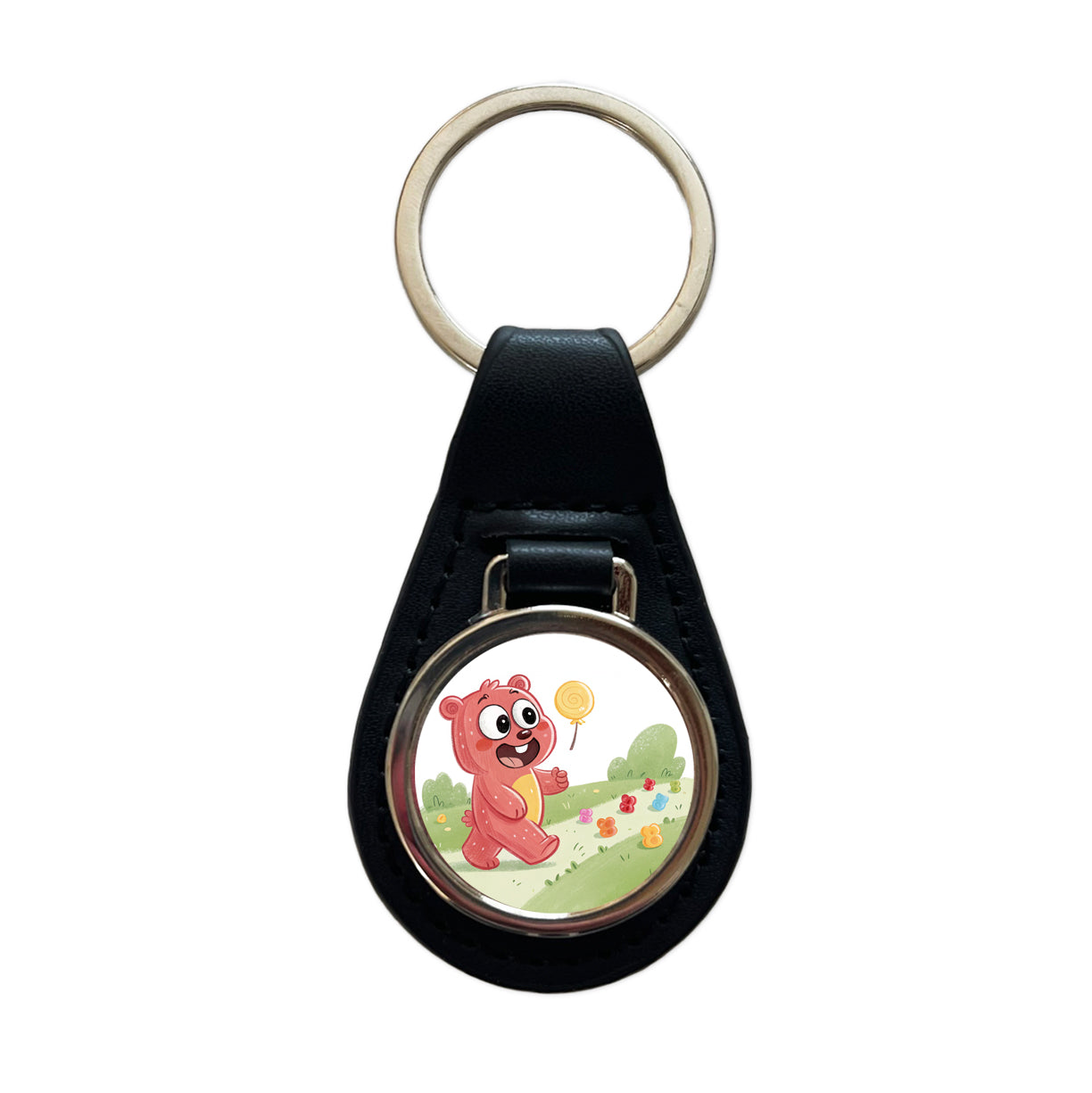 Gummi Bear Walking Black Leather Metal Keychain