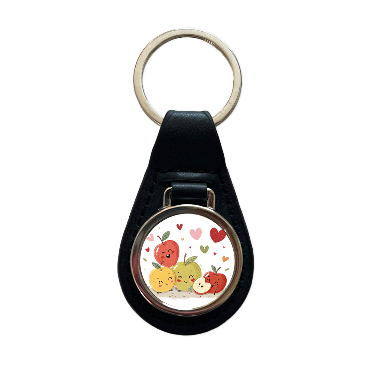 Kawaii Apples And Hearts Black Leather Metal Keychain
