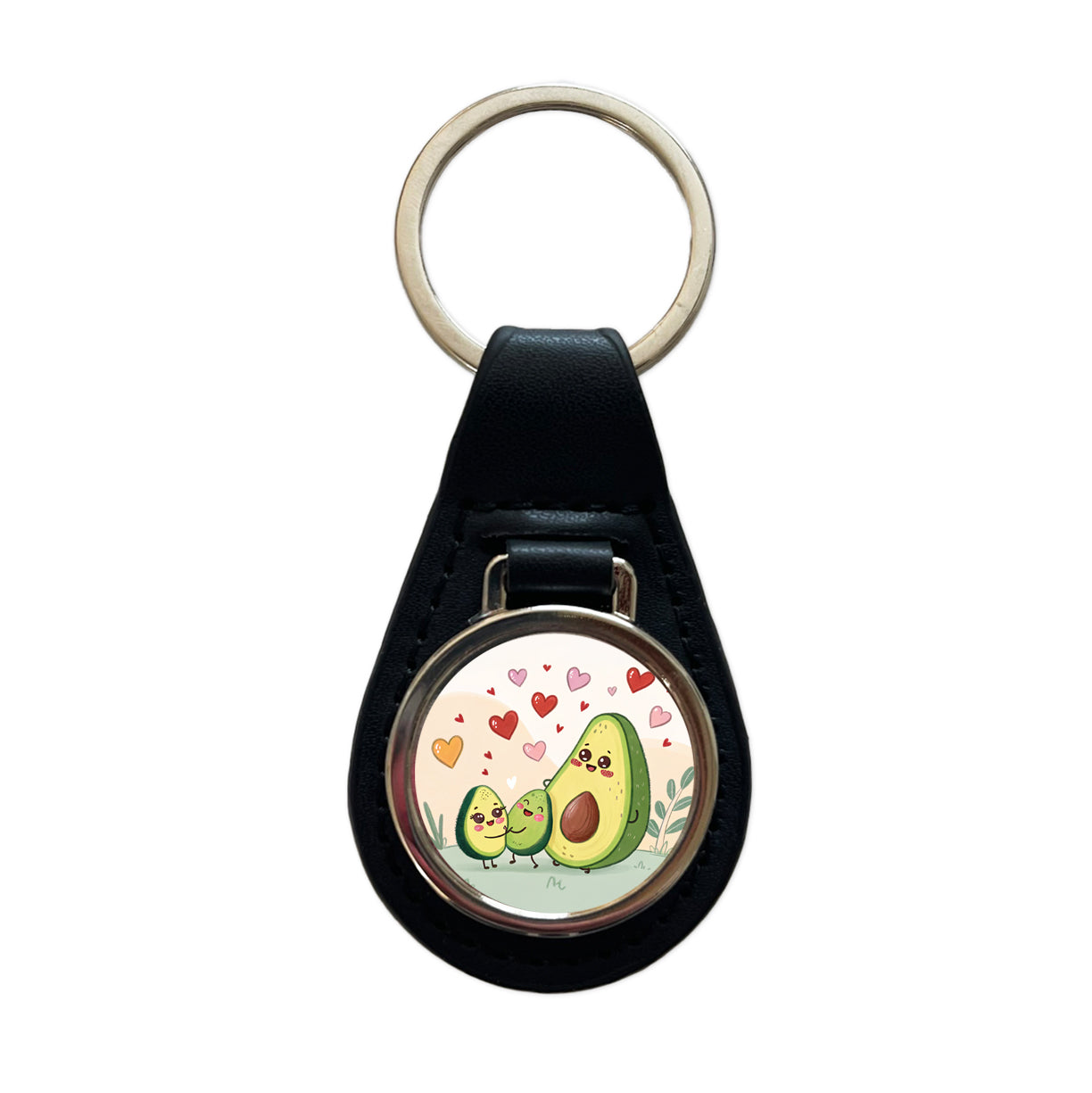 Kawaii Avocadoes And Hearts Black Leather Metal Keychain