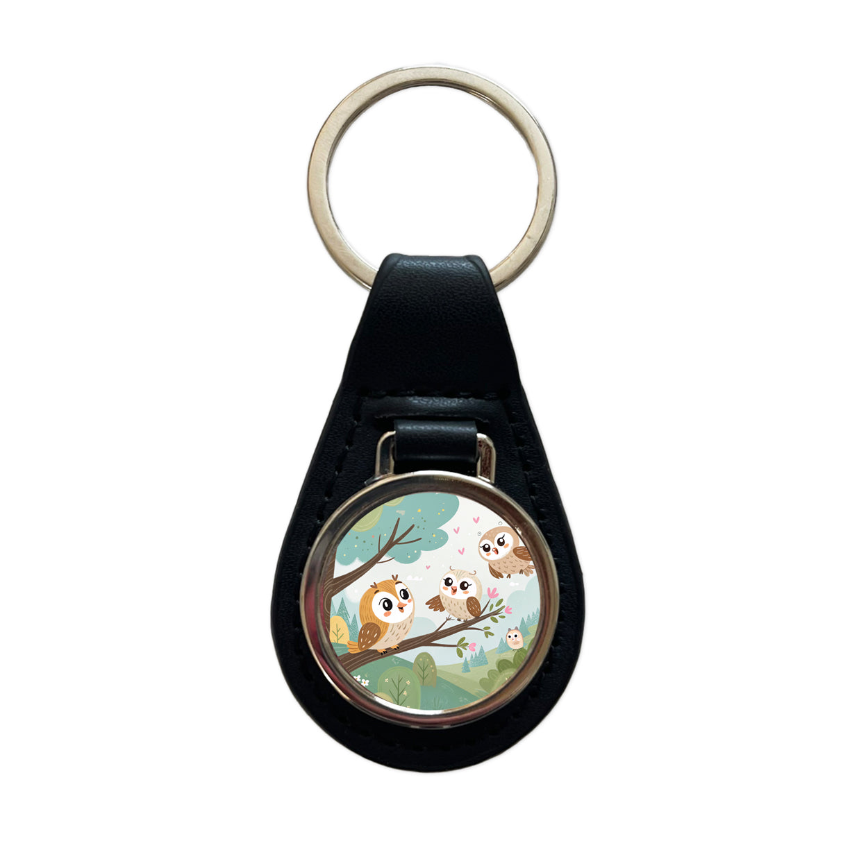 Kawaii Barn Owls Black Leather Metal Keychain