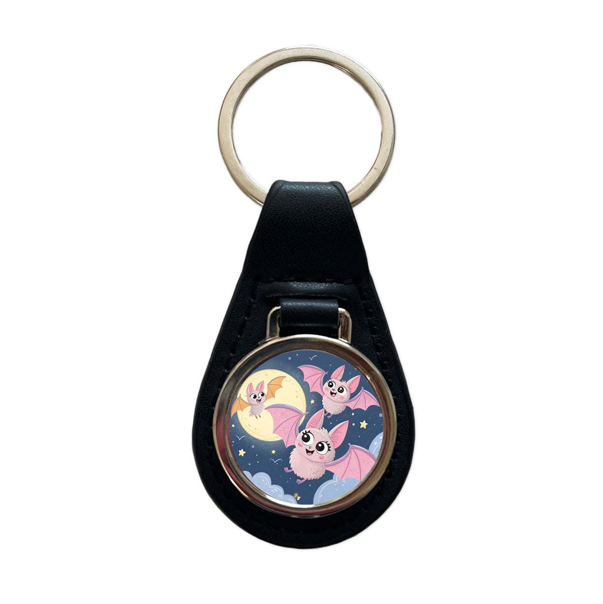 Kawaii Bats Black Leather Metal Keychain