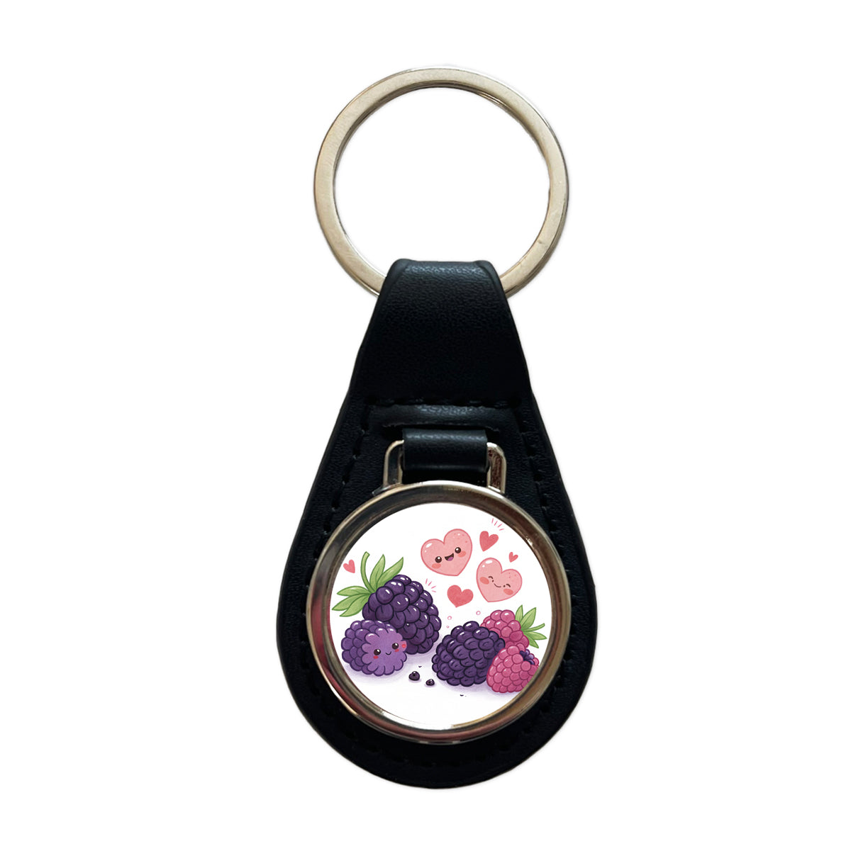 Kawaii Blackberries And Hearts Black Leather Metal Keychain