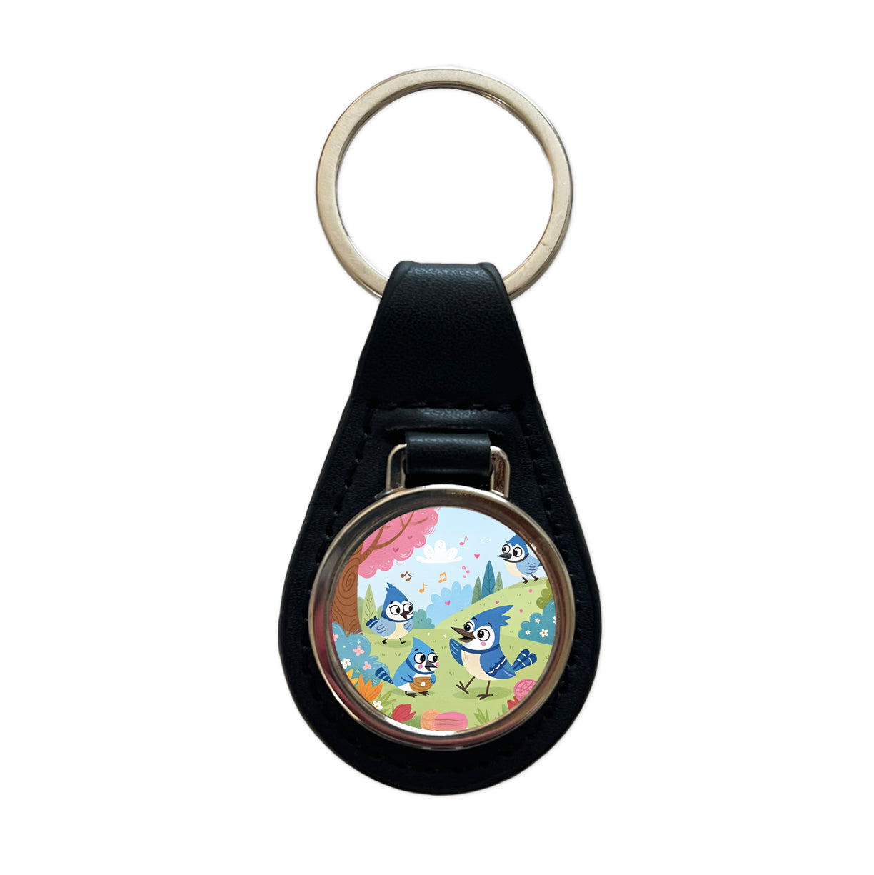 Kawaii Blue Jays Birds Black Leather Metal Keychain