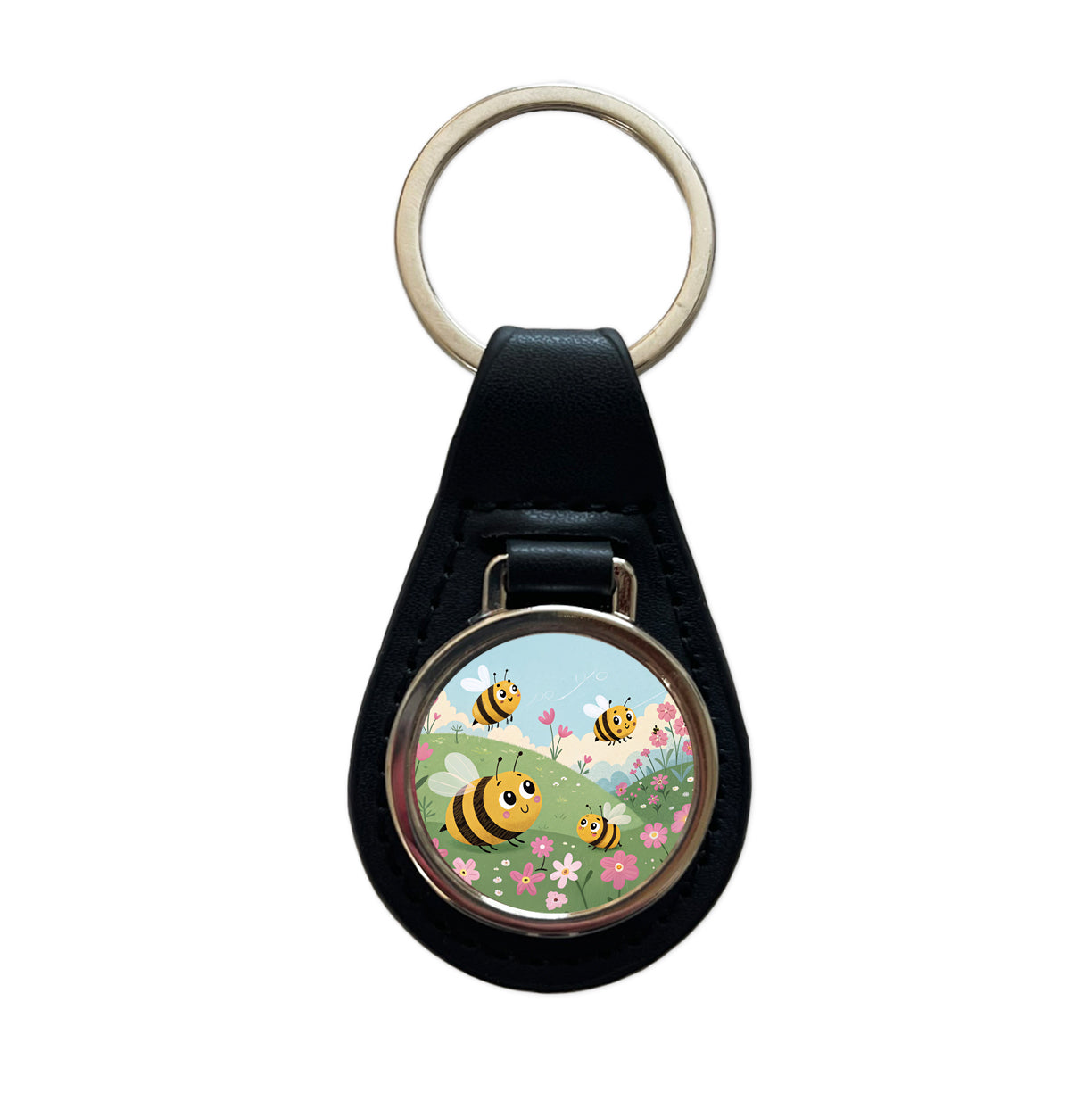 Kawaii Bumble Bees Black Leather Metal Keychain