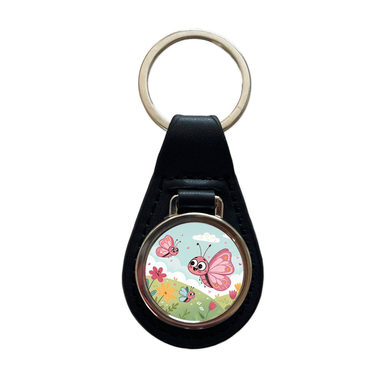 Kawaii Butterflies Black Leather Metal Keychain
