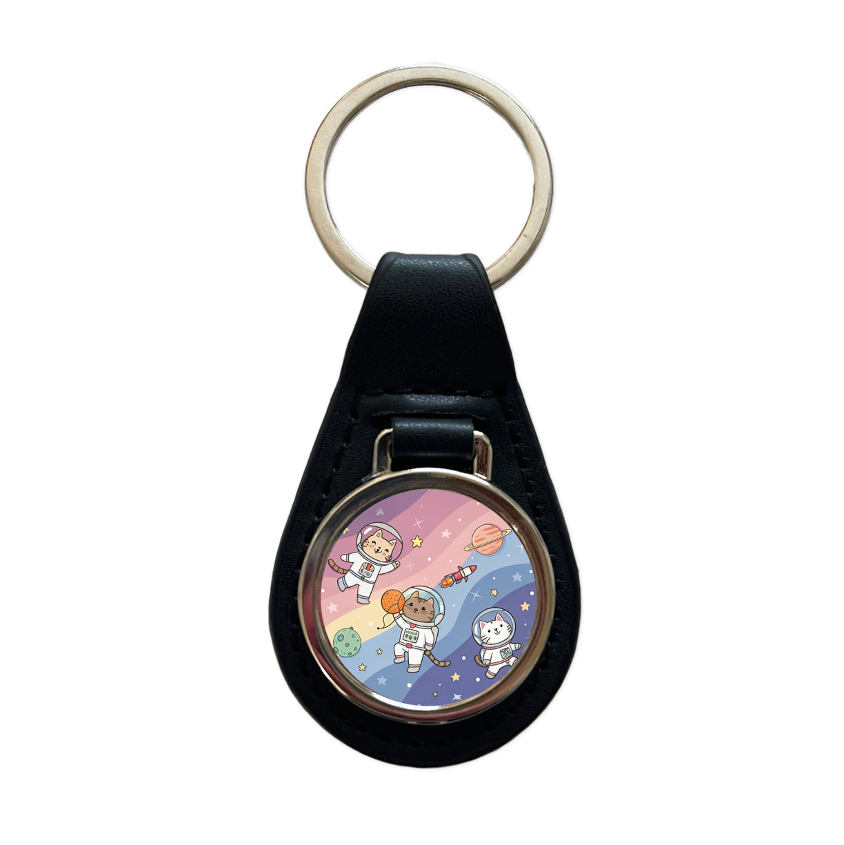 Kawaii Cat Astronauts Black Leather Metal Keychain