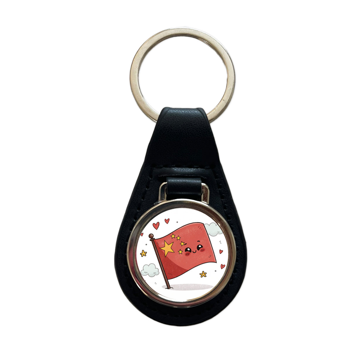 Kawaii China Flag Black Leather Metal Keychain