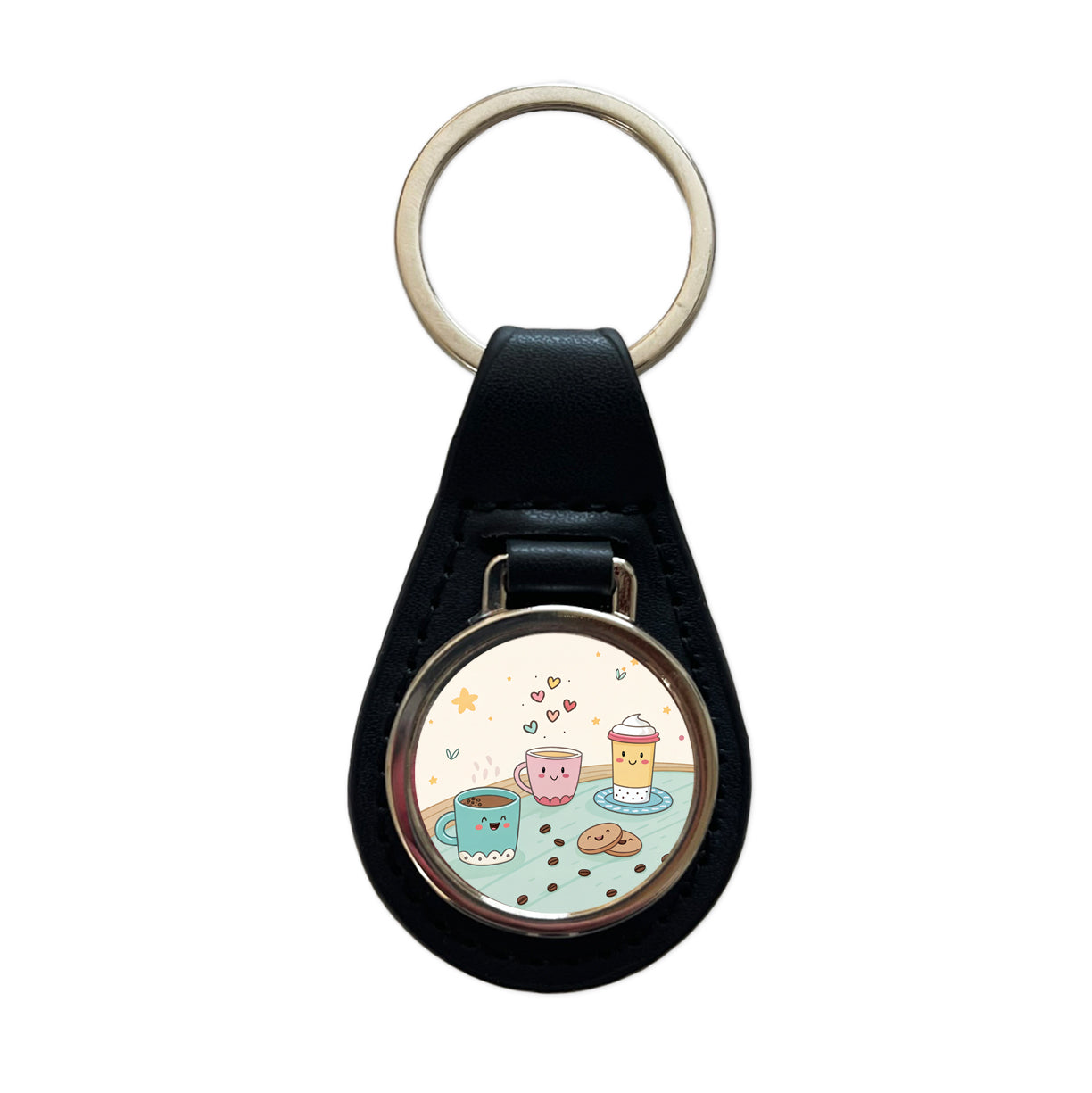 Kawaii Coffee Cups Latte Cappuccino Black Leather Metal Keychain