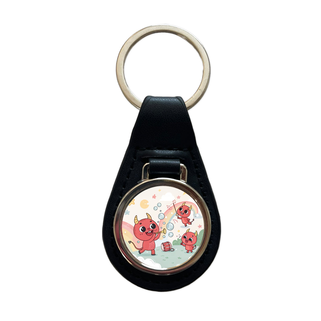 Kawaii Devils Black Leather Metal Keychain