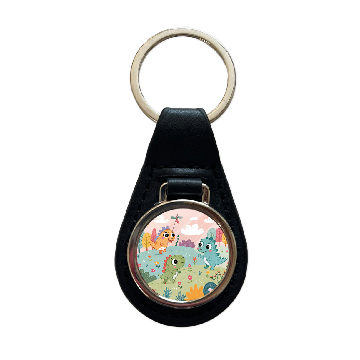 Kawaii Dinosaurs Black Leather Metal Keychain