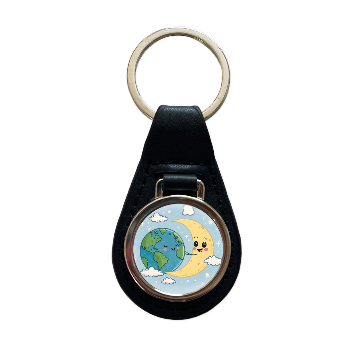 Kawaii Earth And Crescent Moon Black Leather Metal Keychain