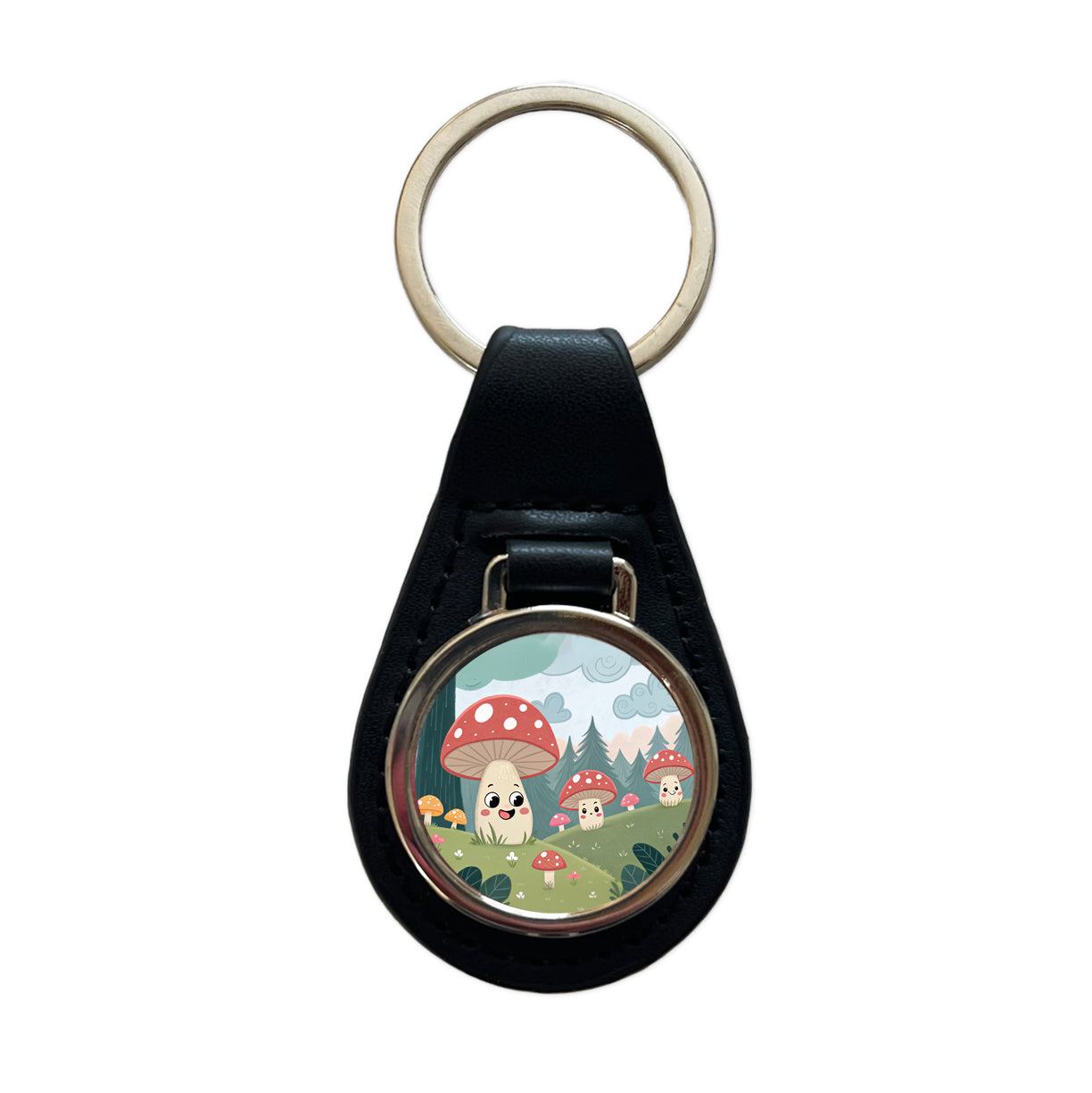 Kawaii Forest Mushrooms Black Leather Metal Keychain
