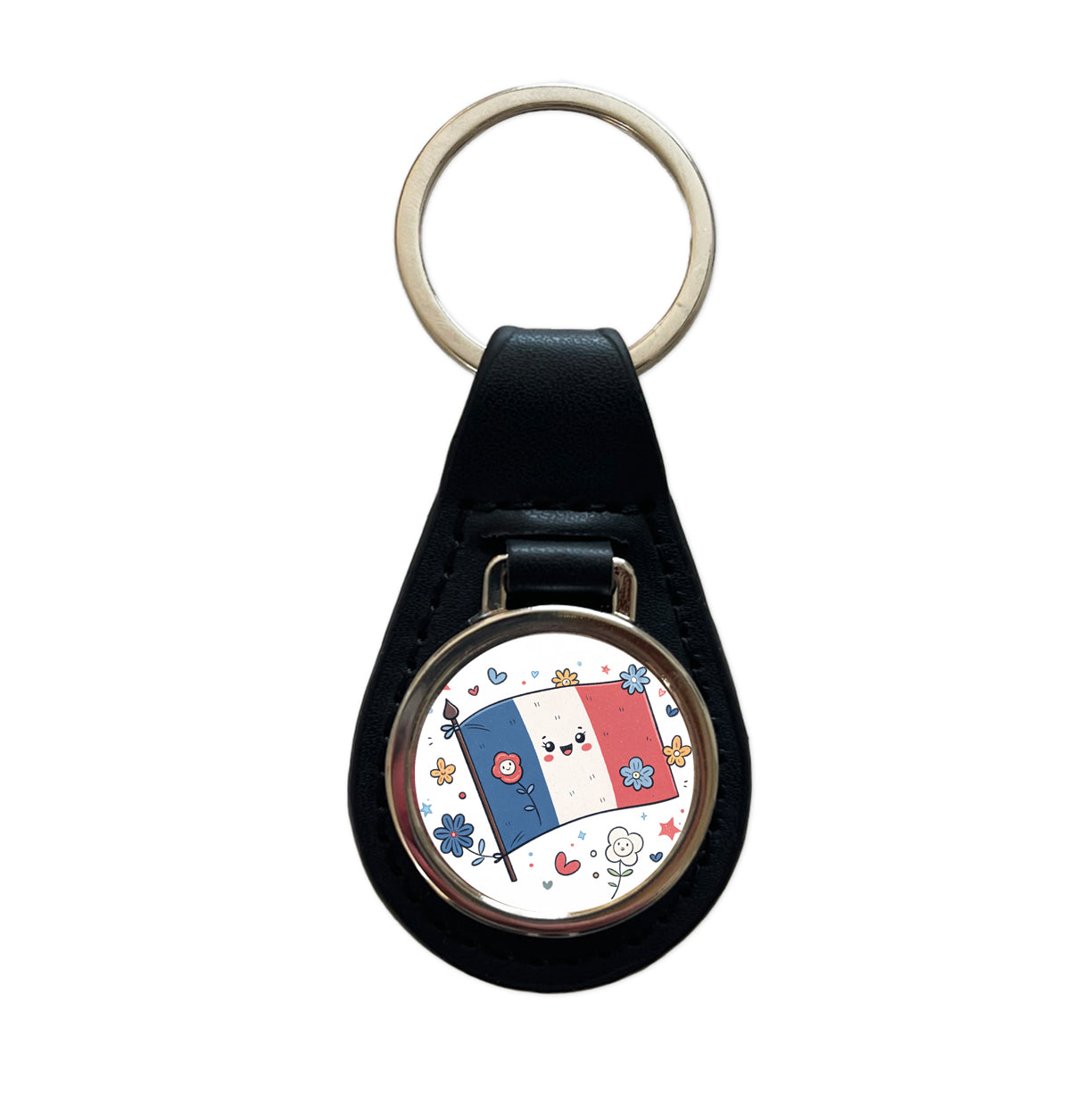 Kawaii France Flag Black Leather Metal Keychain